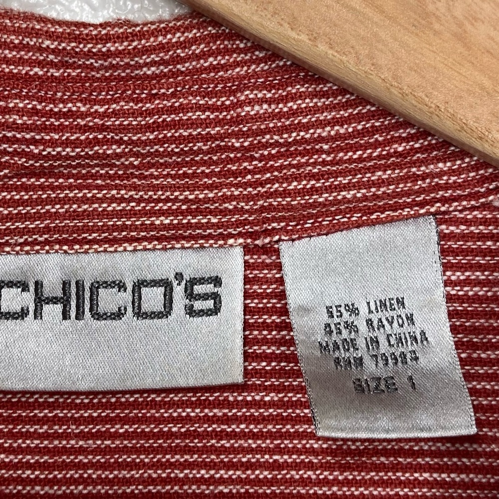 Chicos Women's Linen Shirt Red White Striped Button Down  3/4 Sleeve Size 1 - Picture 11 of 12